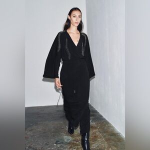 Zara Navy Long Sleeve Kimono Kaftan Dress Waist Tie Bohemian Style